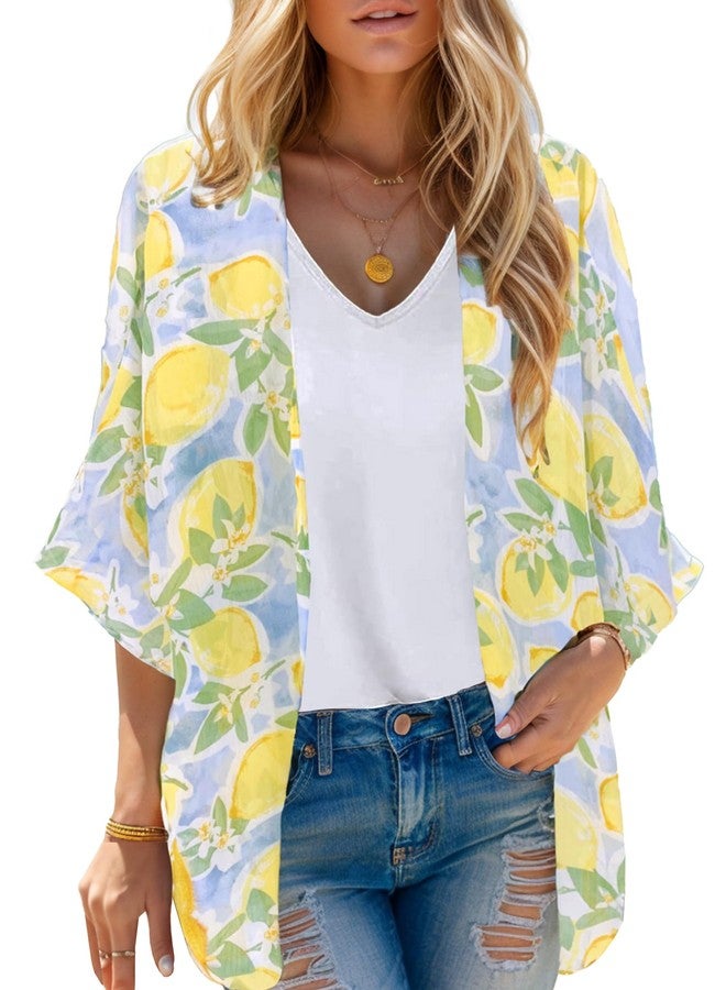 Moss Rose Women's Lemon Shirt Swimsuit Outfit Beach Kimono Coverup Sheer Chiffon Cover Ups Cardigan Tops - Image 1